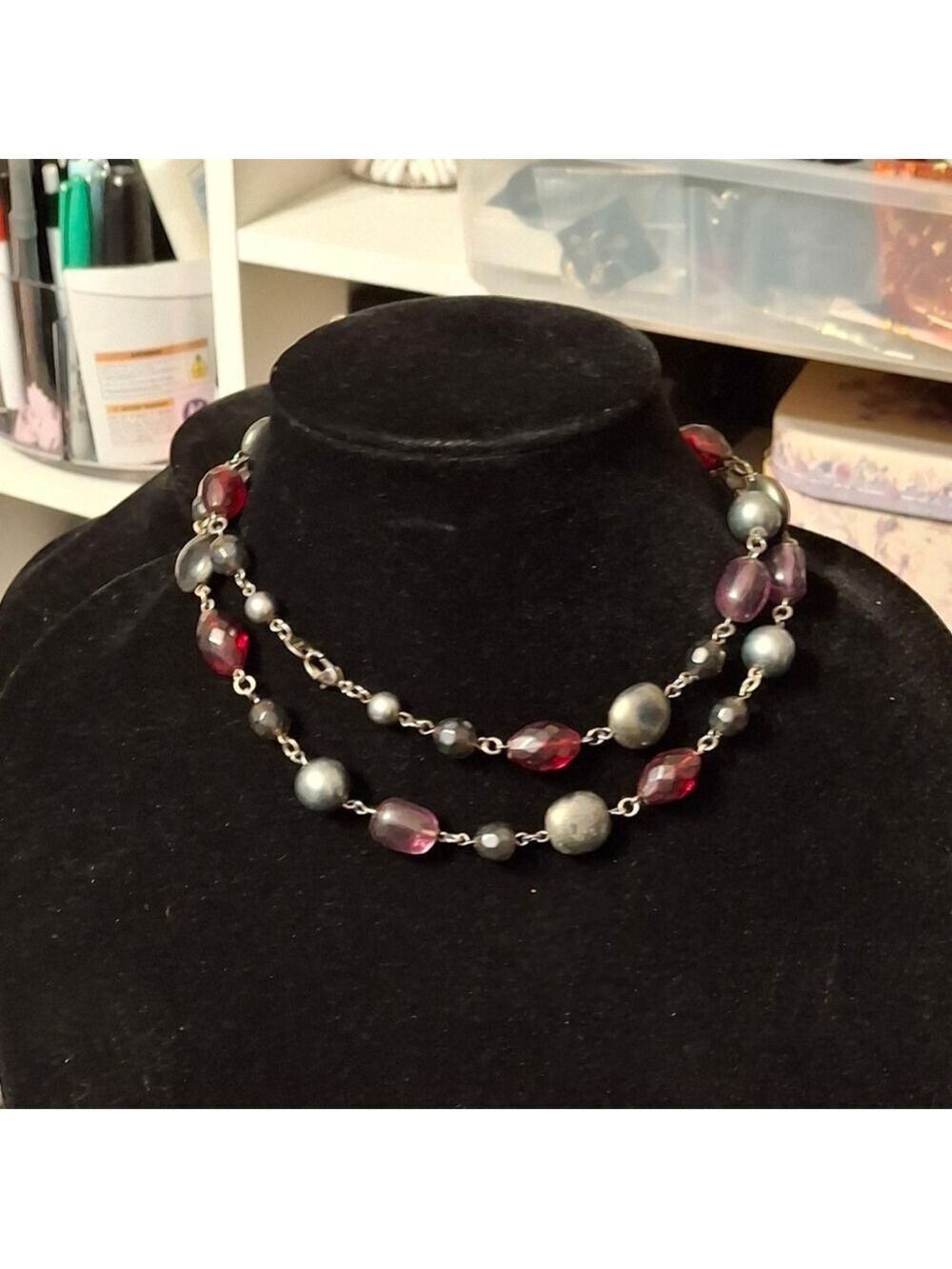 Avon BW  Beaded Necklace - Purple and Gun Metal Gray 32"